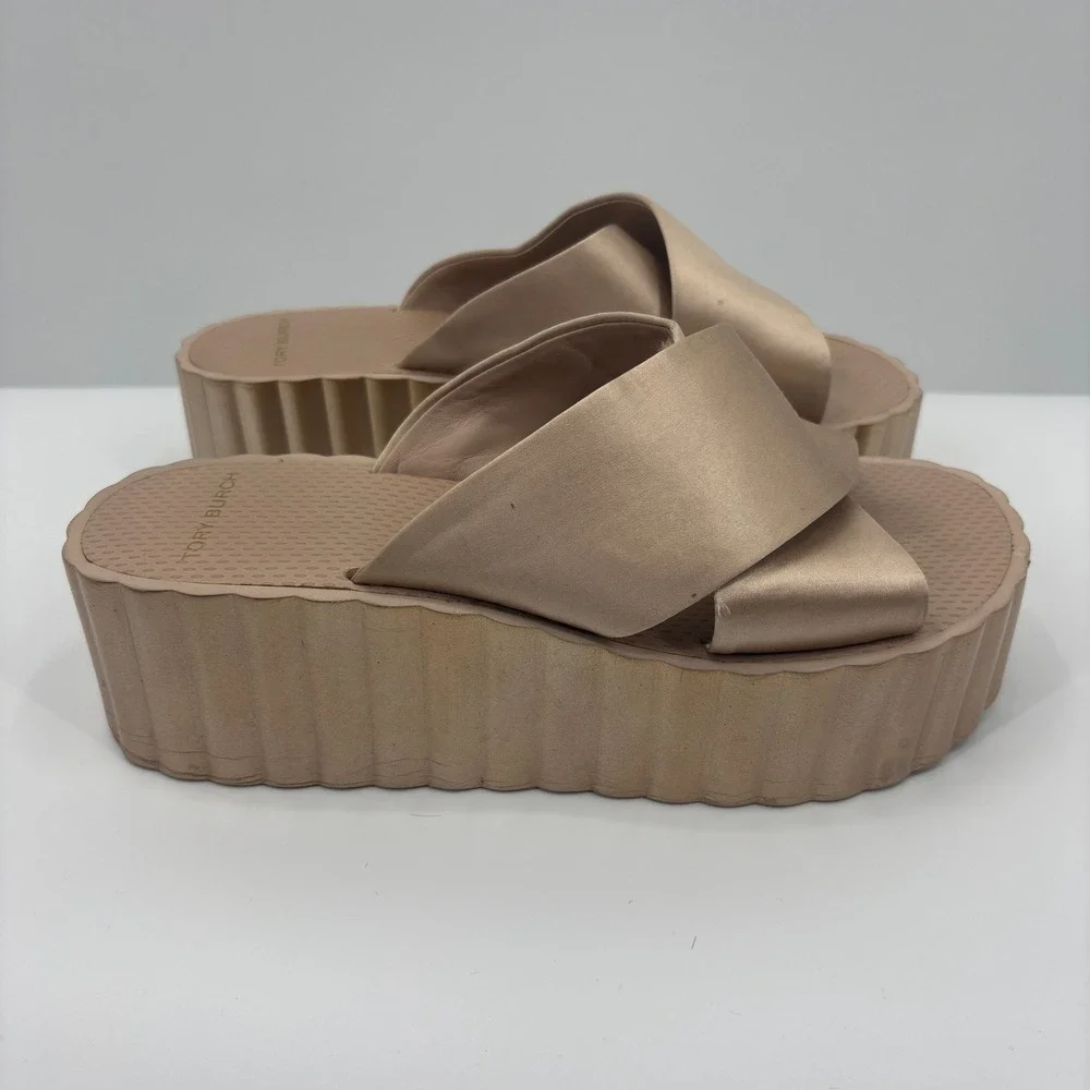 Tory Burch Bellini Blush Scallop Wedge Platform Criss Cross Sandals Womens 9M